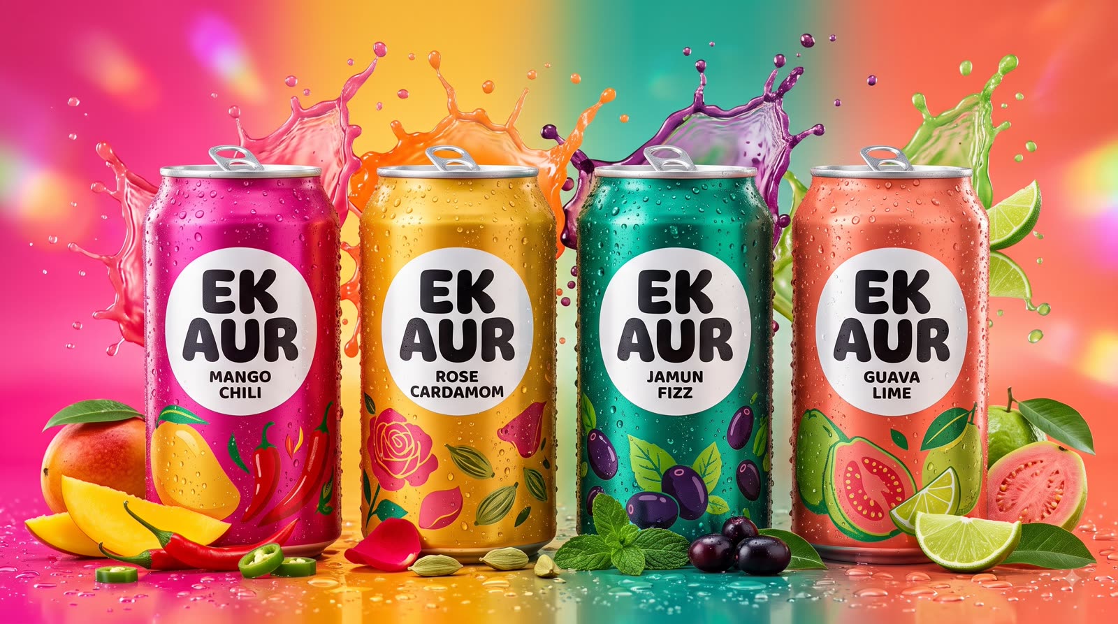 Four Ek Aur soda cans — Mango Chili, Rose Cardamom, Jamun Fizz, and Guava Lime — with fresh fruit and juice splashes